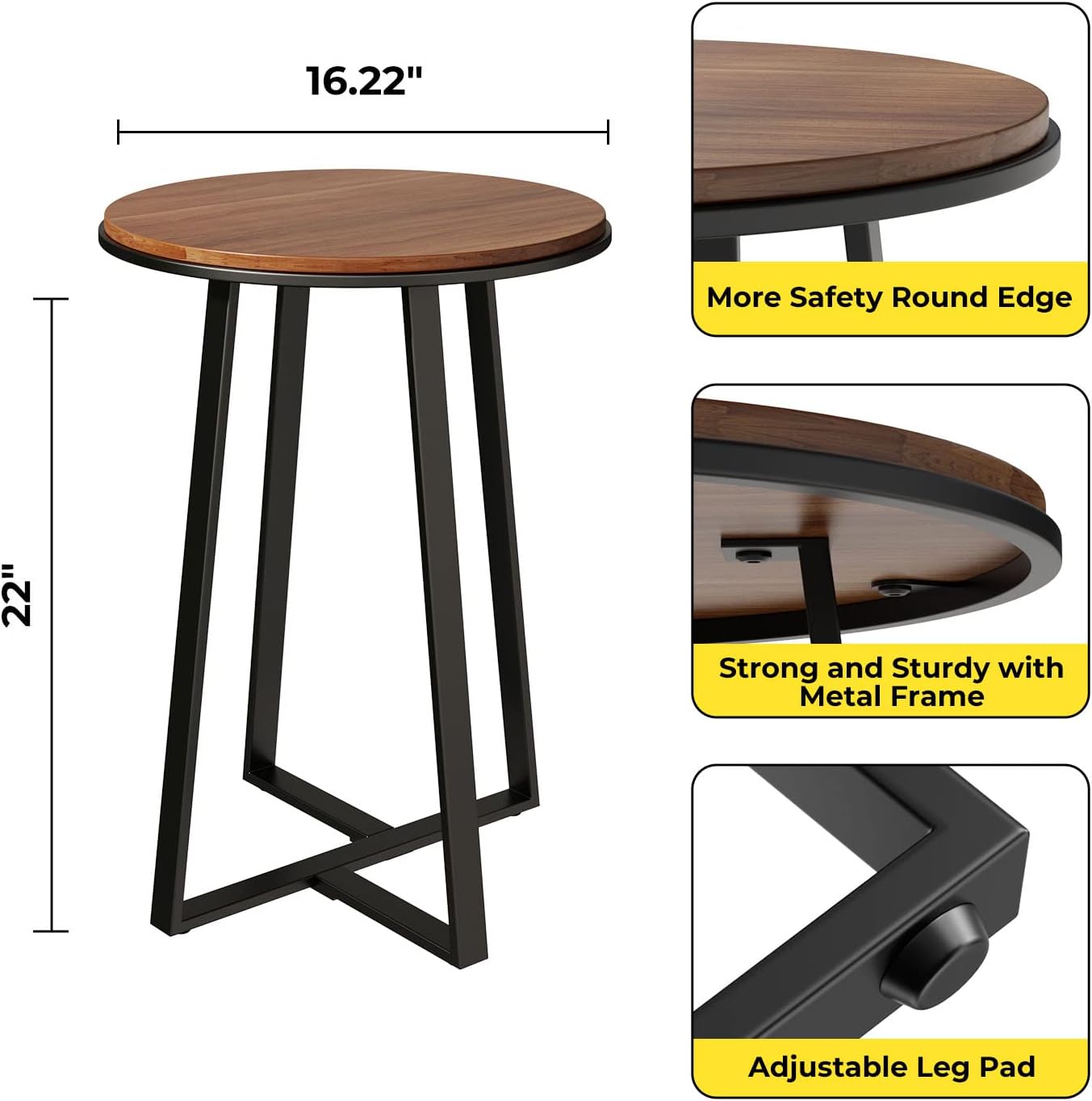 Walnut Top Black Metal Round Side Table
