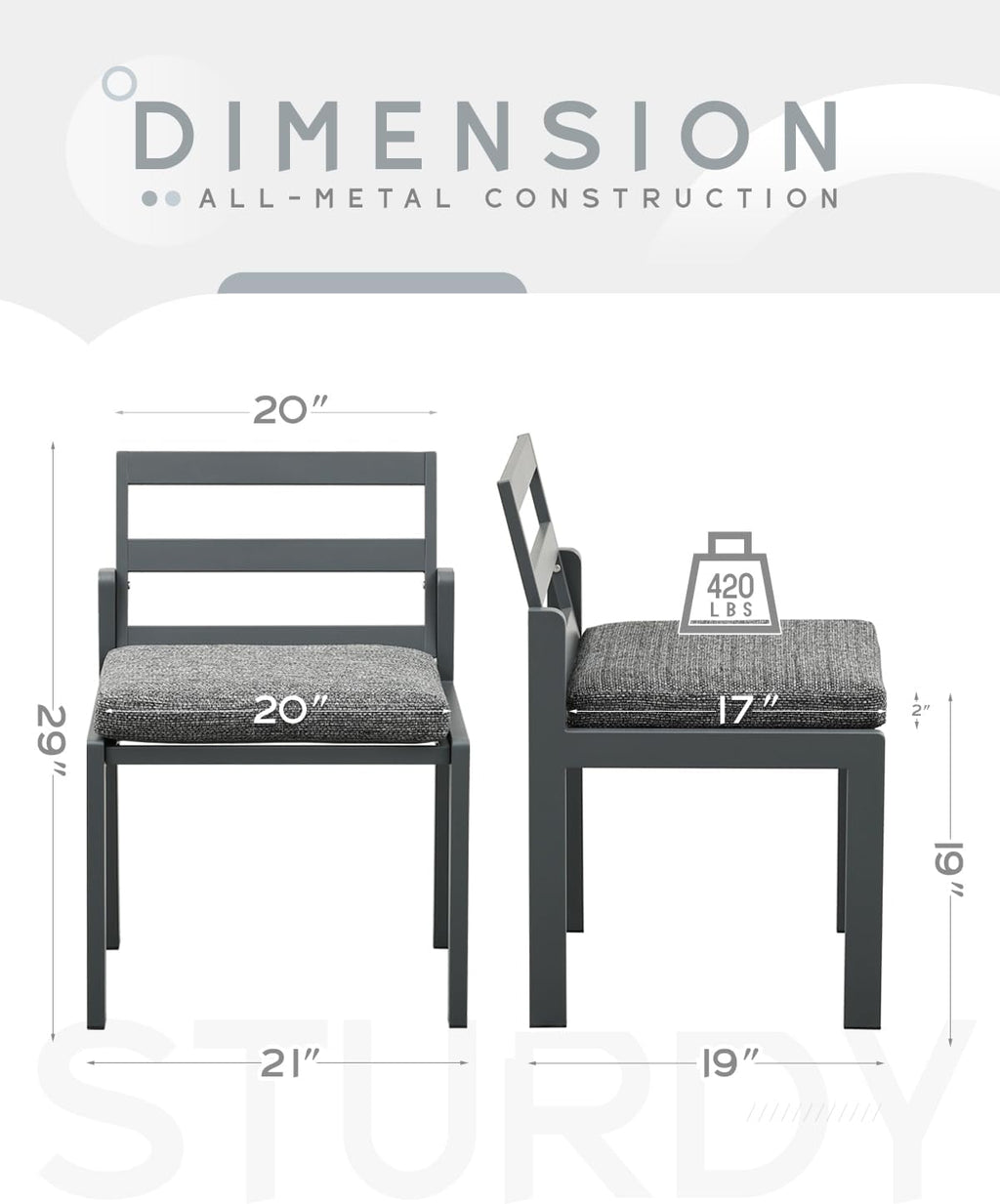 Patio Dining Chairs Set of 2, 420lbs Heavy Duty Outdoor Metal Chairs with Removable Cushions, 105° Ergonomic Back, Weather & Rust Resistant Furniture for Deck, Garden, Porch, Bistro, Grey