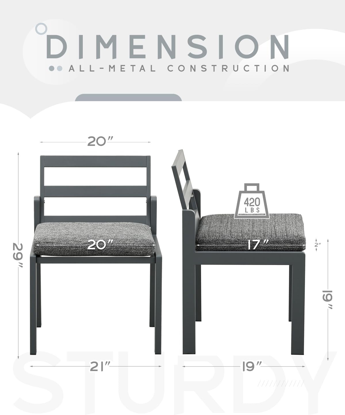 Patio Dining Chairs Set of 2, 420lbs Heavy Duty Outdoor Metal Chairs with Removable Cushions, 105° Ergonomic Back, Weather & Rust Resistant Furniture for Deck, Garden, Porch, Bistro, Grey