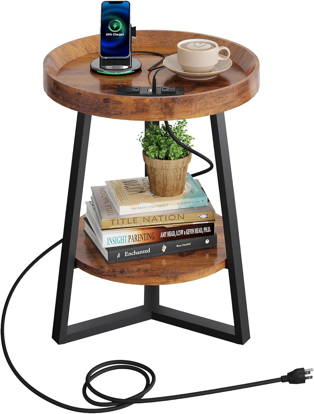2-Tier Rustic Charging Round Side Table