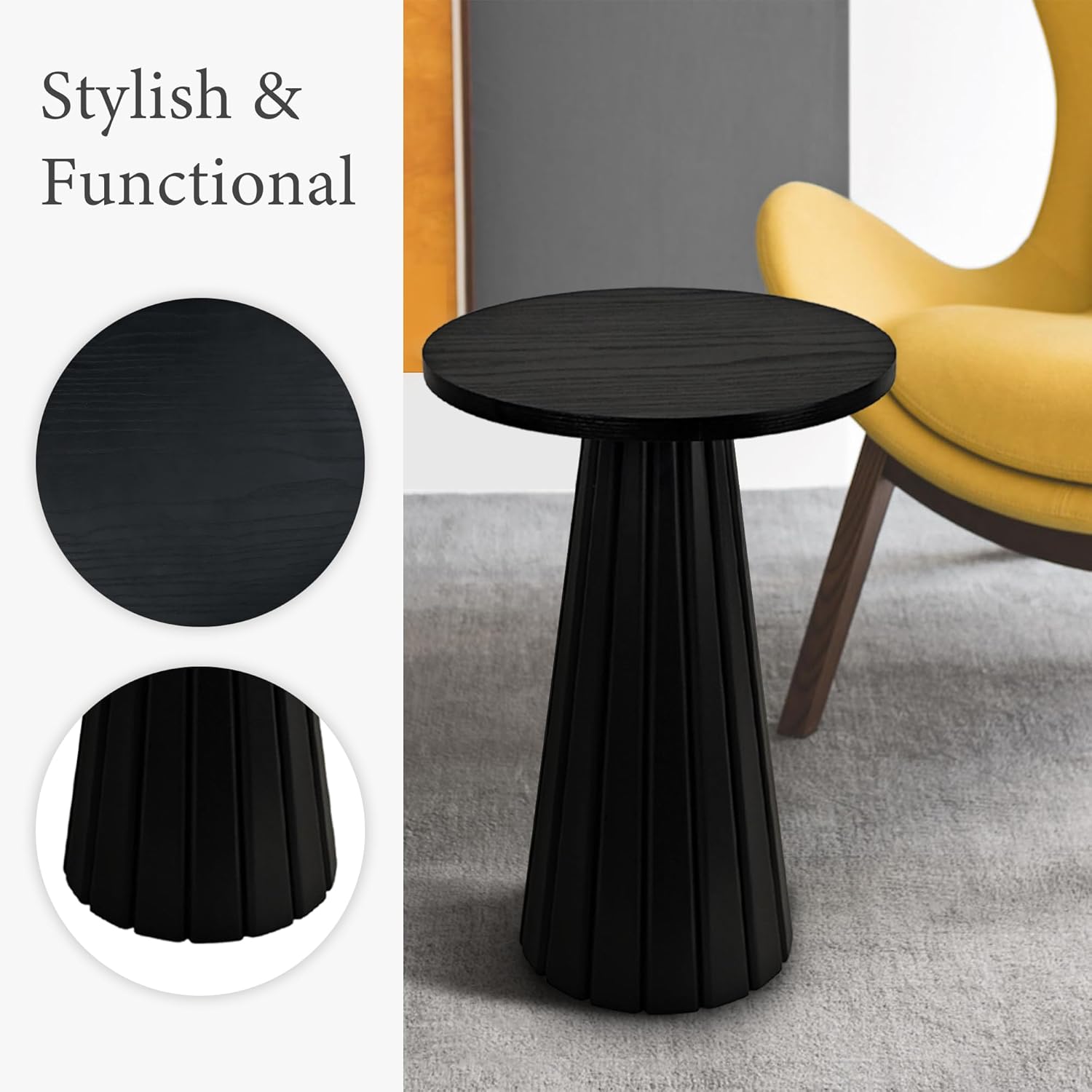 Black Fluted Drum Pedestal Side Table