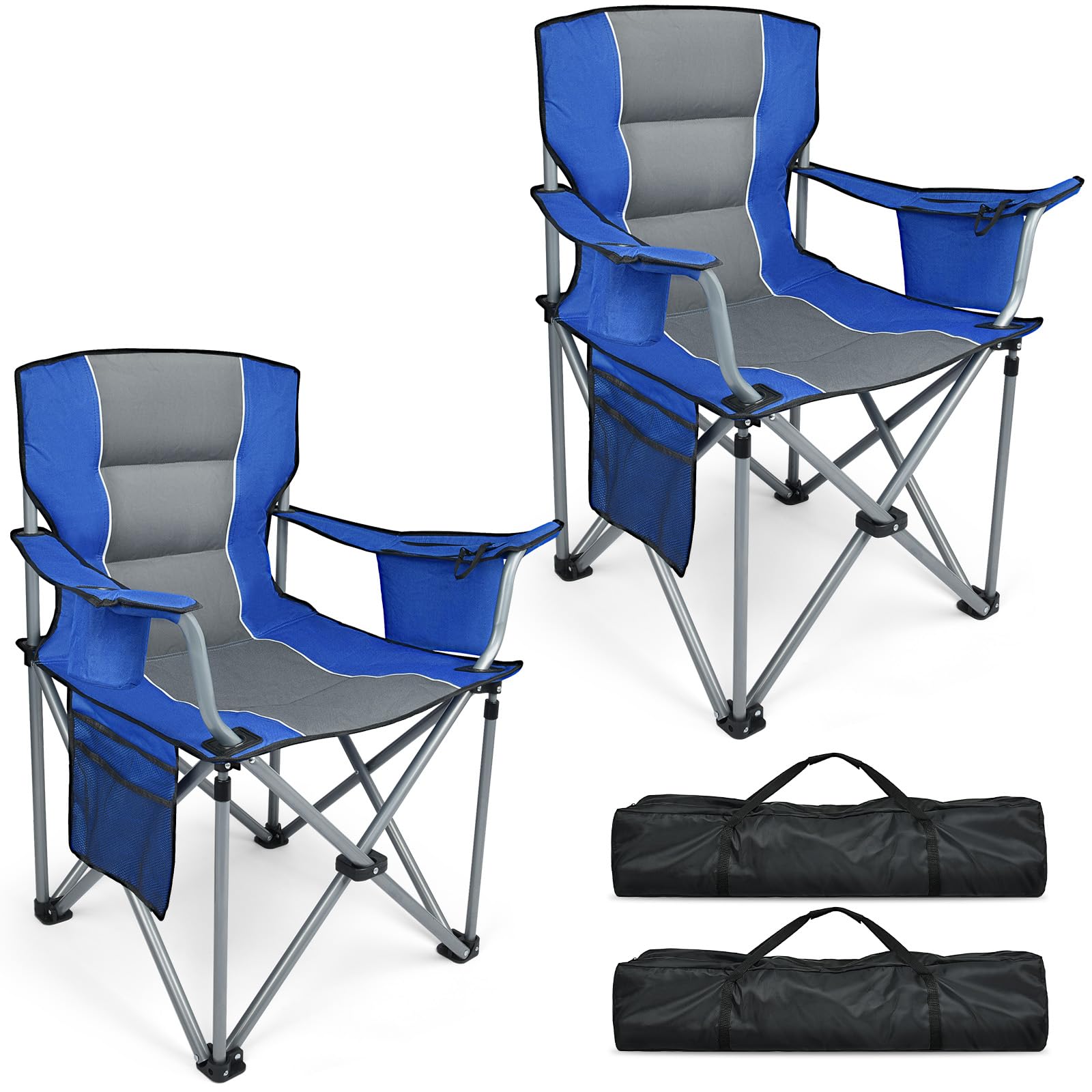 Camping Chairs, 2 Pack Oversized Heavy Duty Fully Padded Outdoor Folding Chairs with Cup Holder, Cooler Bag and Side Pocket, Support 400 LBS, Carry Bag Included, Versatile for Sports,Outdoors & Lawns
