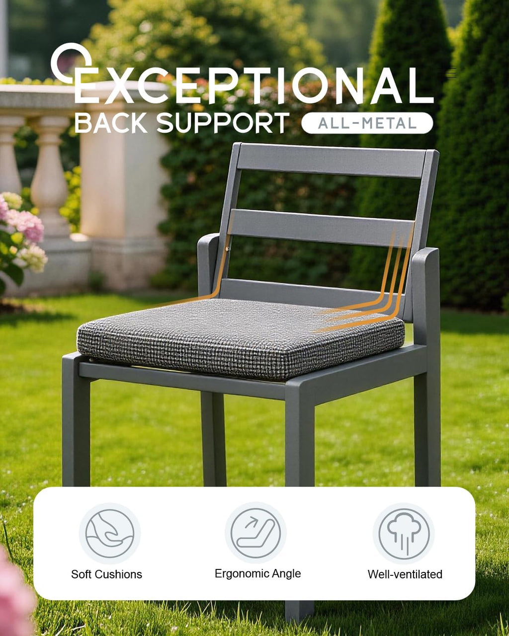 Patio Dining Chairs Set of 2, 420lbs Heavy Duty Outdoor Metal Chairs with Removable Cushions, 105° Ergonomic Back, Weather & Rust Resistant Furniture for Deck, Garden, Porch, Bistro, Grey