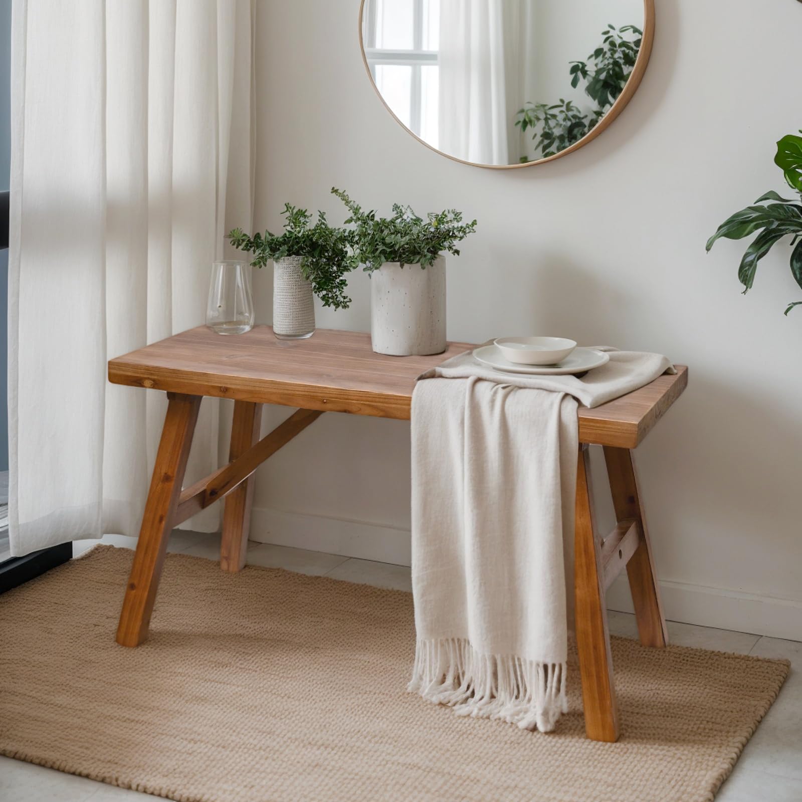 Handcrafted Solid Wood Bench, 30" - Farmhouse-Style Entryway Seating for Living & Dining Room, Rustic Design, Natural Finish