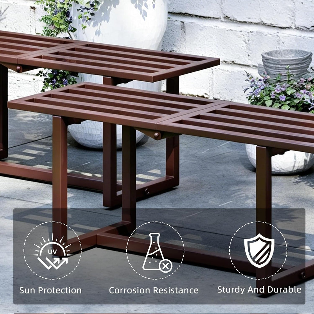 Plant Stand Indoor Outdoor, Foldable Metal Plant Shelf for Multiple Pots, Mid Century Slatted Bench for Patio Garden, Heavy Duty Capacity 330 lbs 2 Pack Coffee