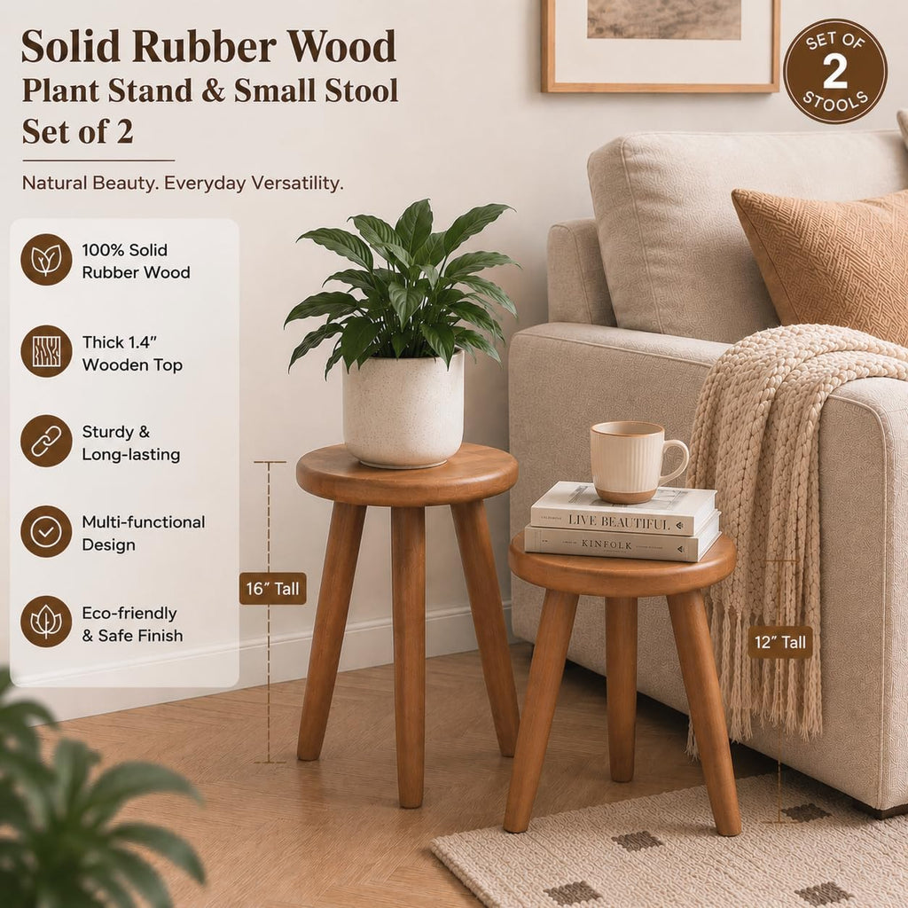 Solid Rubber Wood 2-Piece Plant Stand Set
