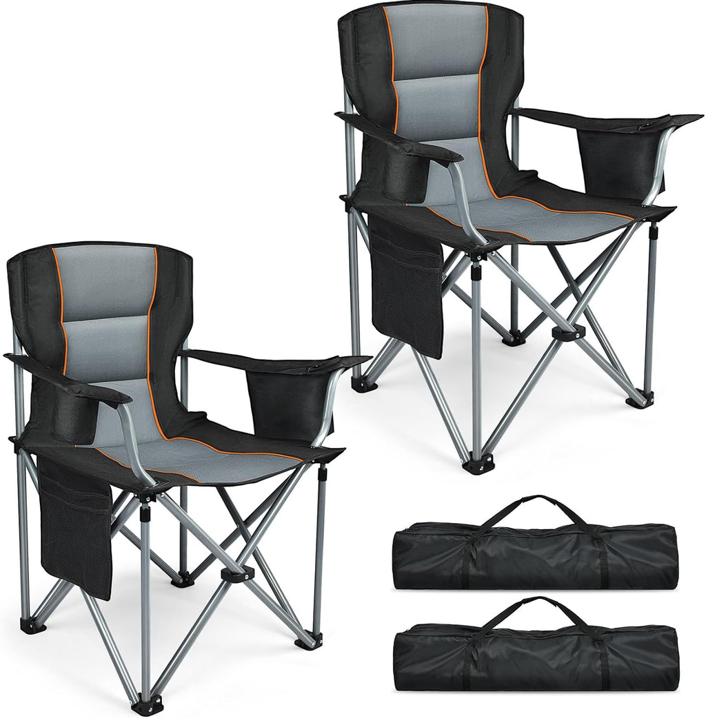 Camping Chairs, 2 Pack Oversized Heavy Duty Fully Padded Outdoor Folding Chairs with Cup Holder, Cooler Bag and Side Pocket, Support 400 LBS, Carry Bag Included, Versatile for Sports,Outdoors & Lawns