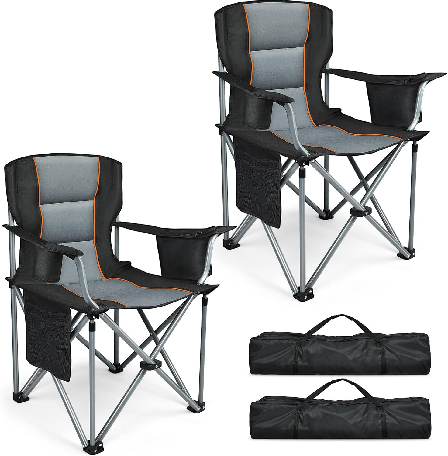 Camping Chairs, 2 Pack Oversized Heavy Duty Fully Padded Outdoor Folding Chairs with Cup Holder, Cooler Bag and Side Pocket, Support 400 LBS, Carry Bag Included, Versatile for Sports,Outdoors & Lawns