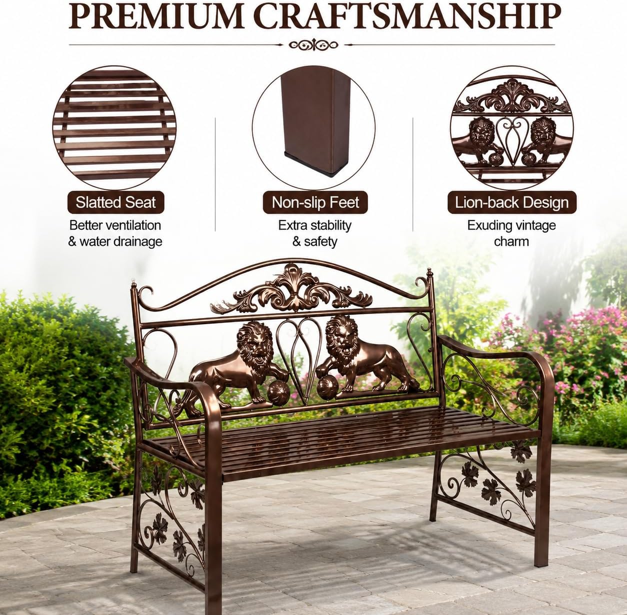 Vintage Lion Metal Garden Bench