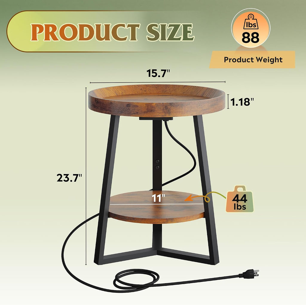 2-Tier Rustic Charging Round Side Table