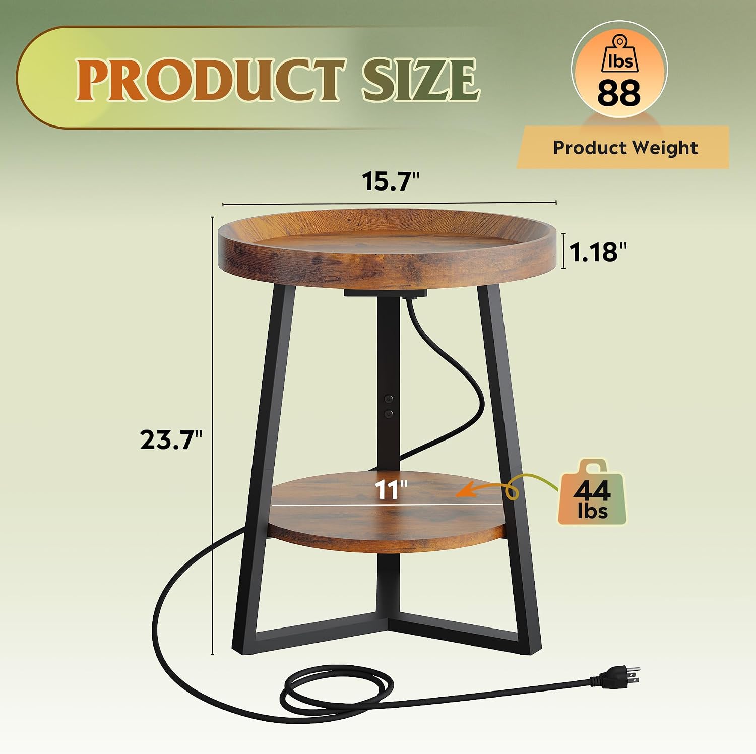 2-Tier Rustic Charging Round Side Table