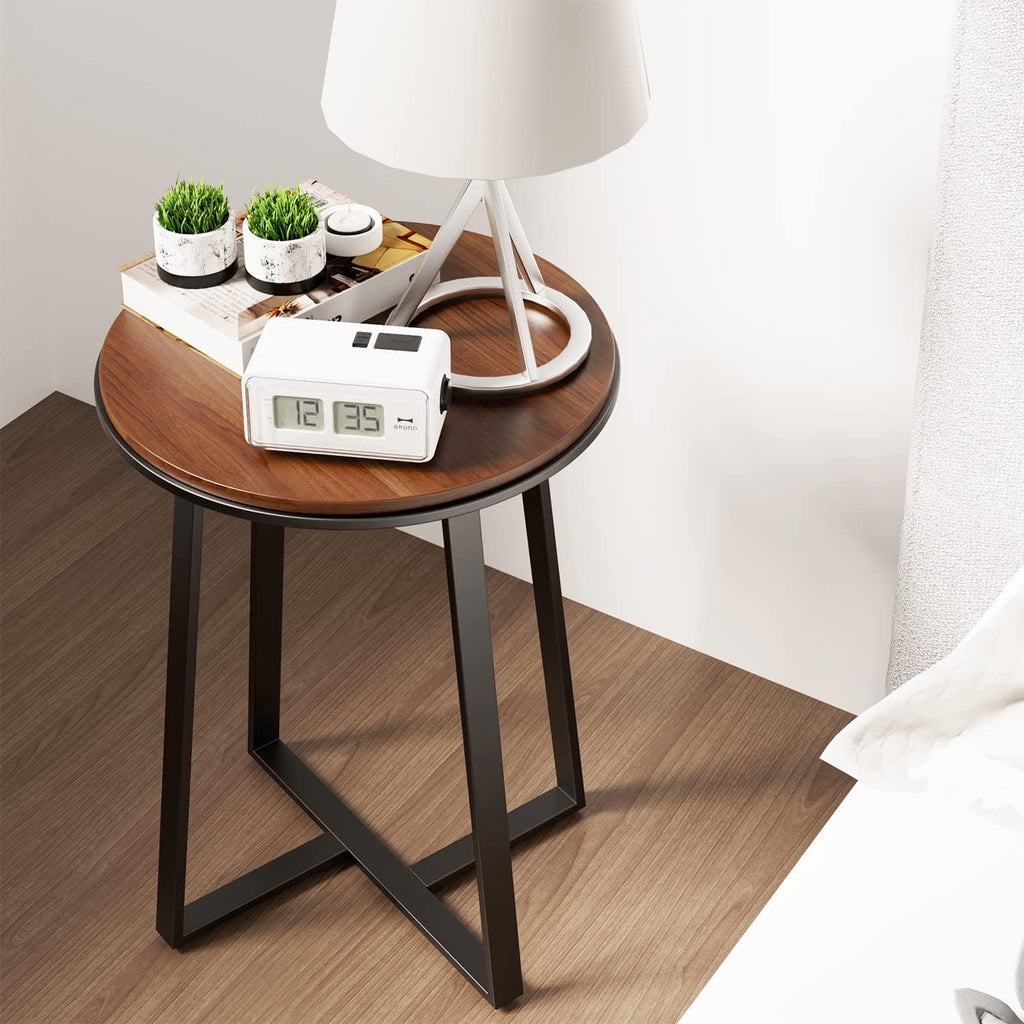 Walnut Top Black Metal Round Side Table