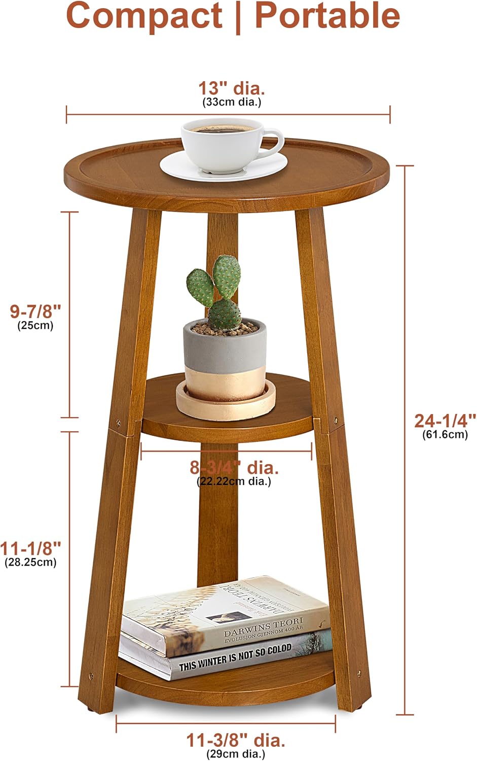 3-Tier Amber Brown Solid Wood Side Table