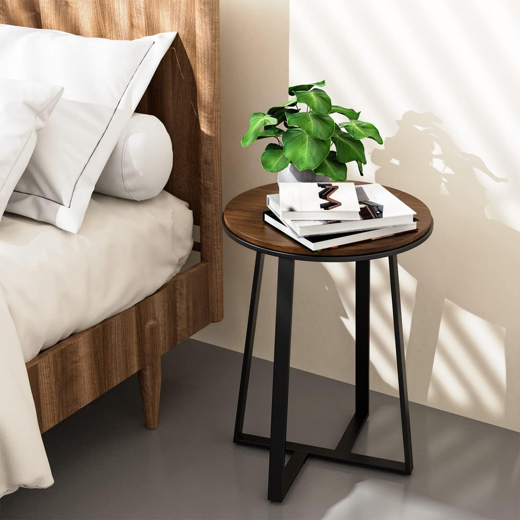 Walnut Top Black Metal Round Side Table