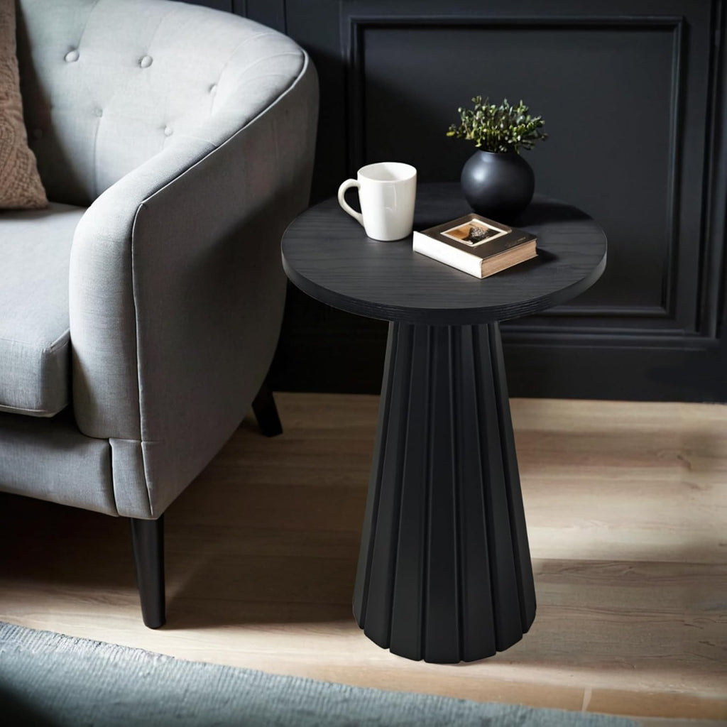 Black Fluted Drum Pedestal Side Table