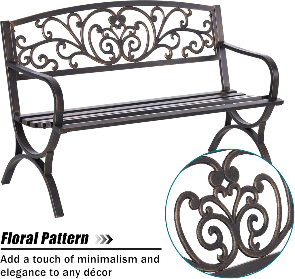 MFSTUDIO Floral Cast Iron Garden Bench