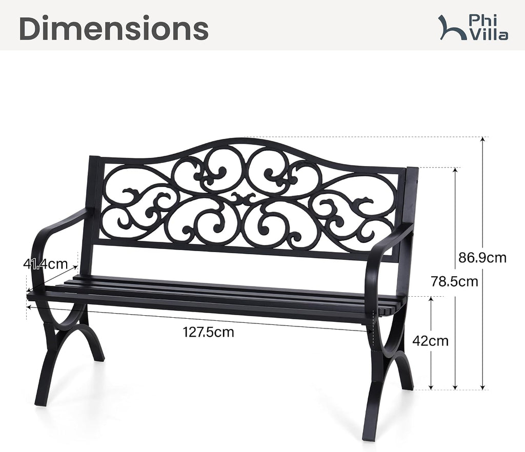 PHI VILLA Floral Cast Iron Garden Bench