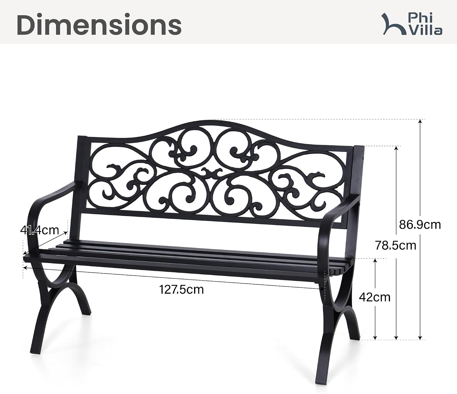 PHI VILLA Floral Cast Iron Garden Bench