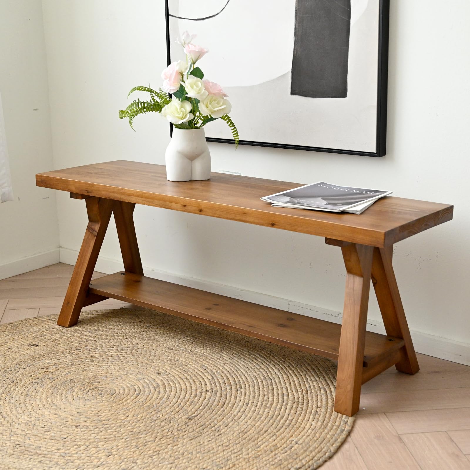 Handcrafted Solid Wood Bench, 30" - Farmhouse-Style Entryway Seating for Living & Dining Room, Rustic Design, Natural Finish