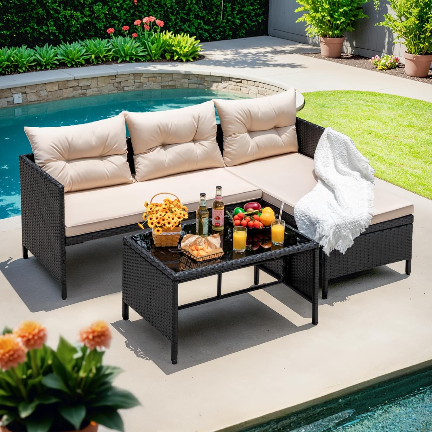 Devoko 3-Piece Rattan L Shaped Sofa