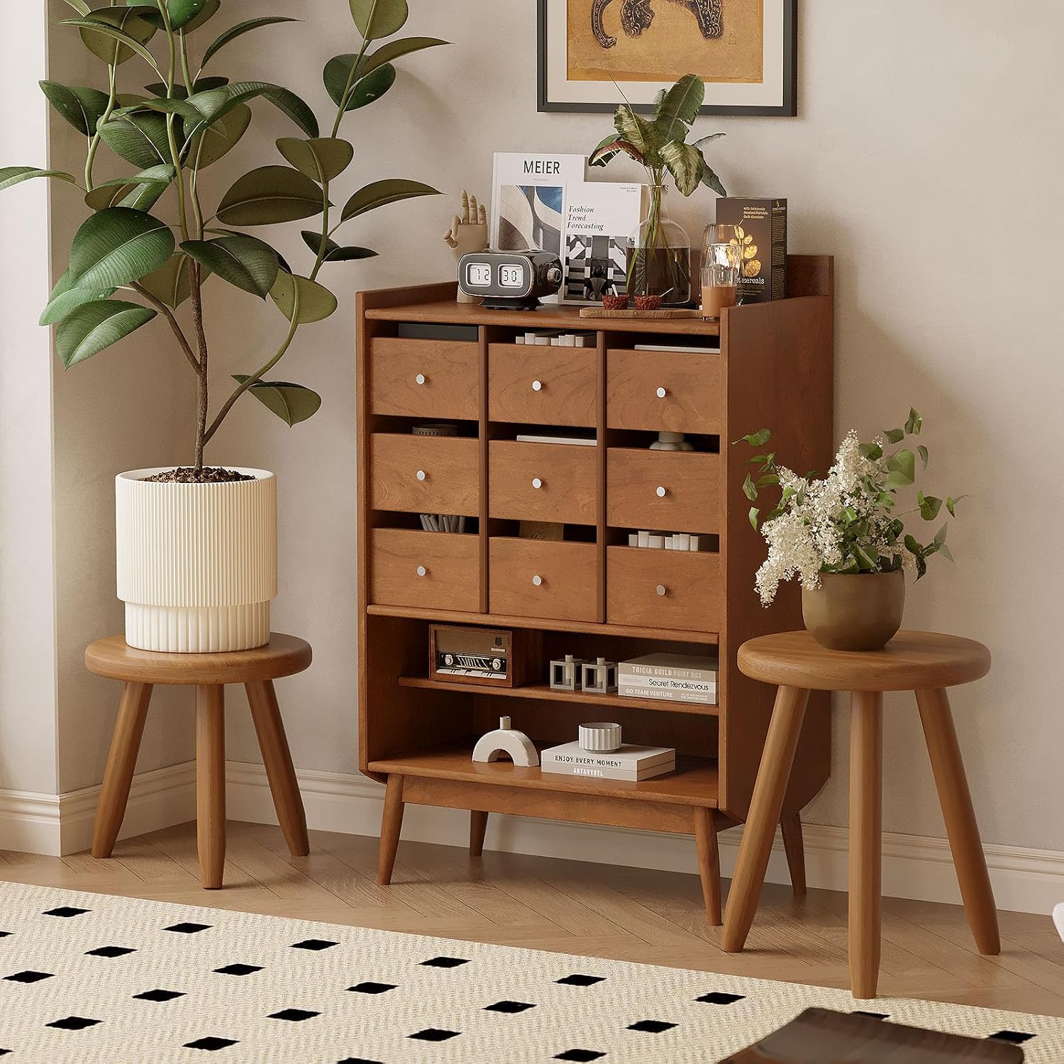 Solid Rubber Wood 2-Piece Plant Stand Set