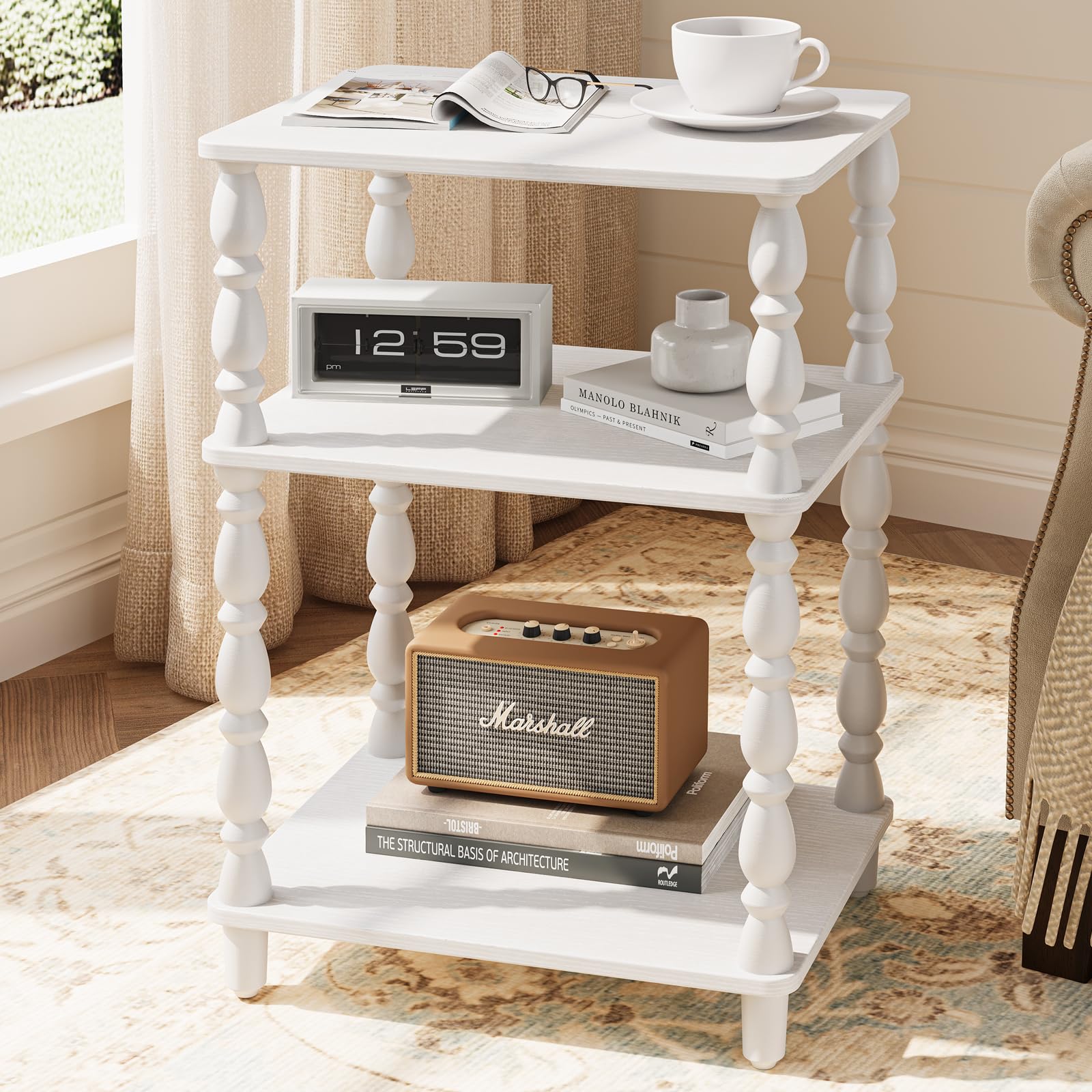 Yoobure Small Side Table - Vintage End Tables Living Room with Spindle Legs, Accent Night Stand with 3-Tier Storage Shelf, Wood Nightstand for Bedroom, Bedside Table for Narrow Spaces, Walnut
