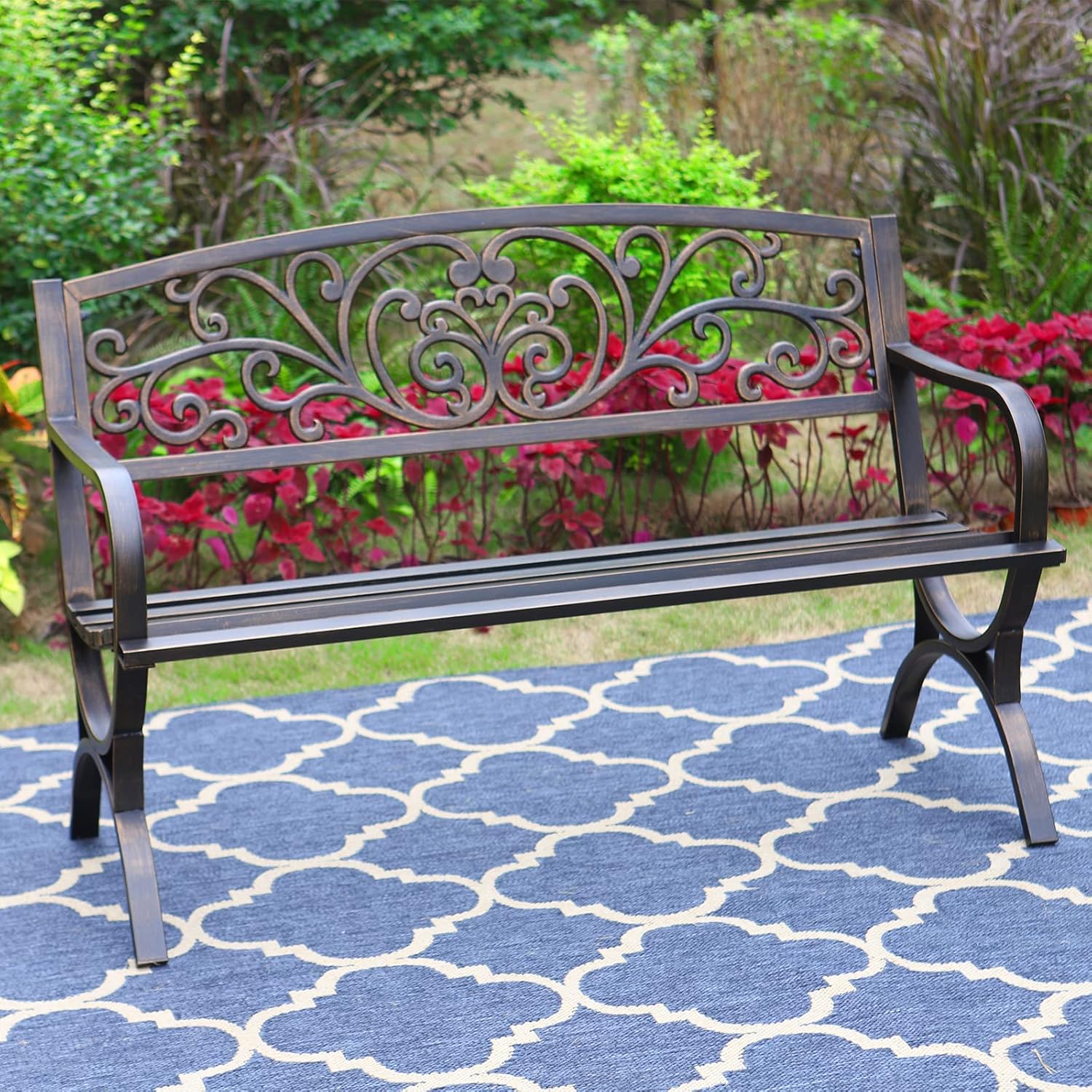 MFSTUDIO Floral Cast Iron Garden Bench