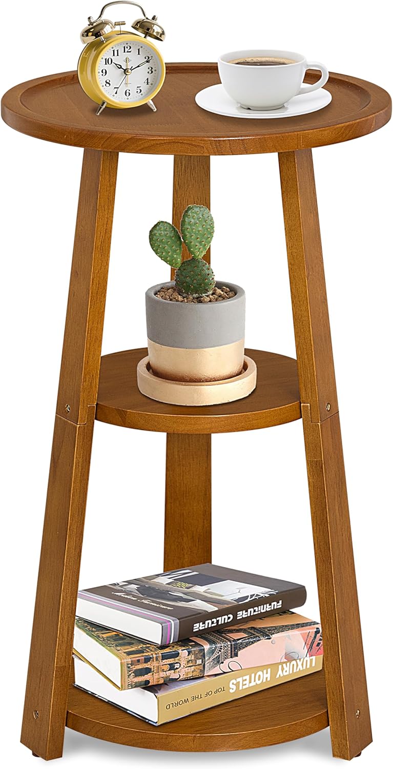 3-Tier Amber Brown Solid Wood Side Table