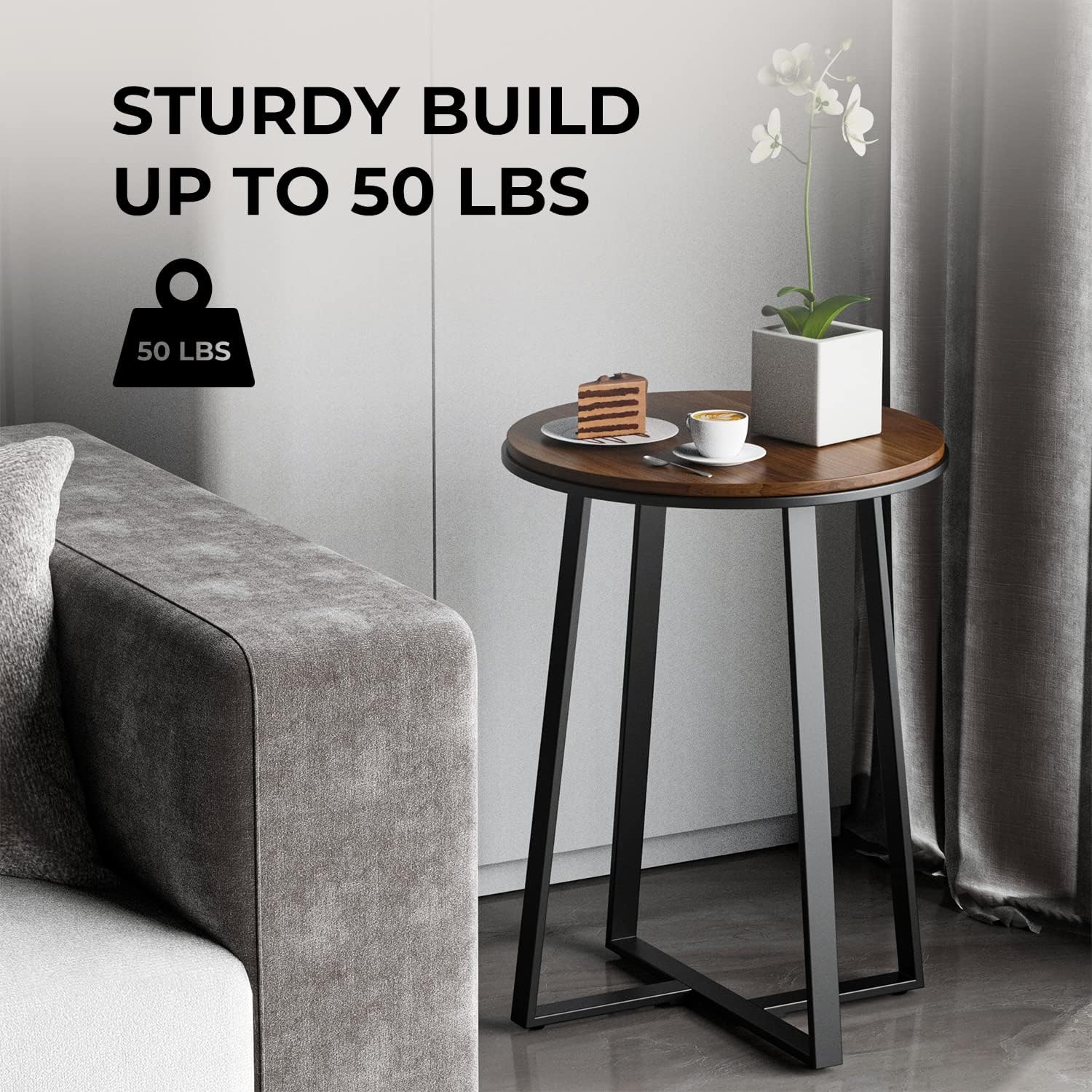 Walnut Top Black Metal Round Side Table