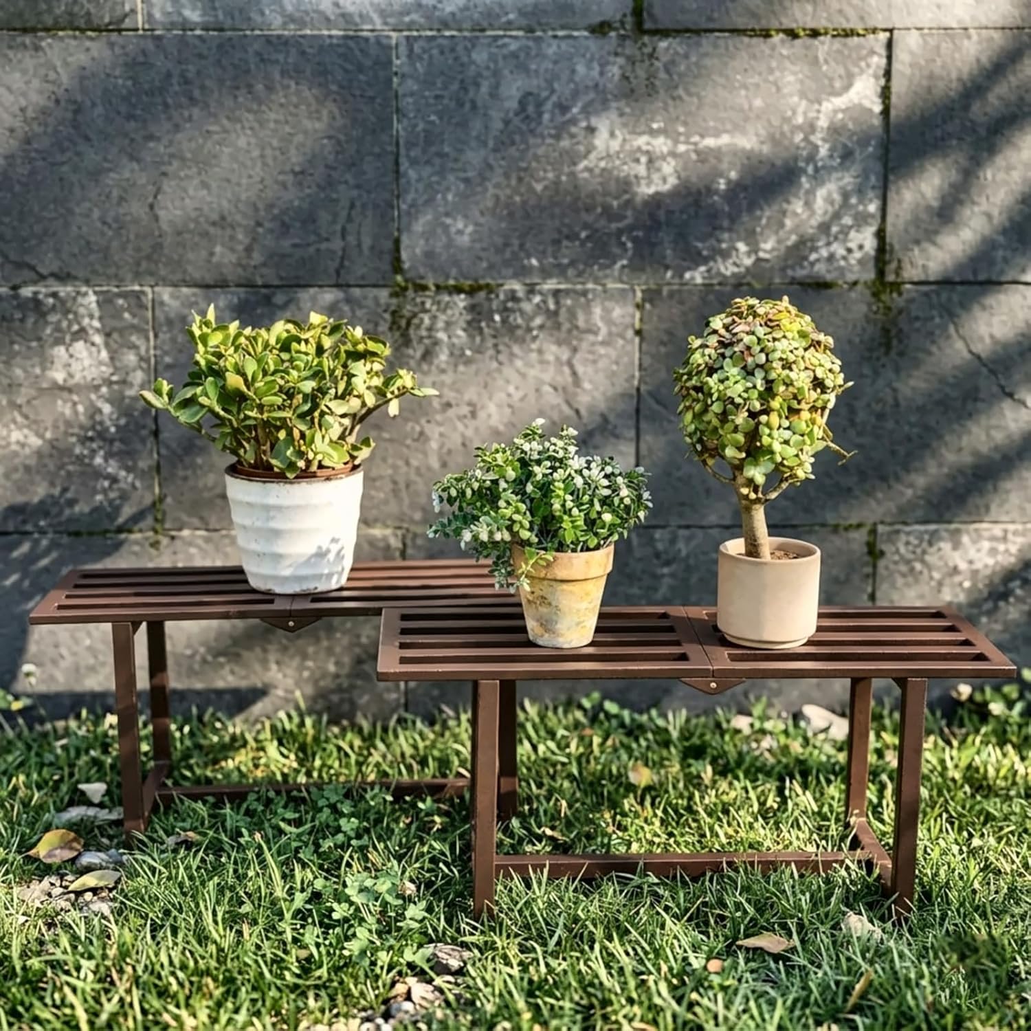 Plant Stand Indoor Outdoor, Foldable Metal Plant Shelf for Multiple Pots, Mid Century Slatted Bench for Patio Garden, Heavy Duty Capacity 330 lbs 2 Pack Coffee