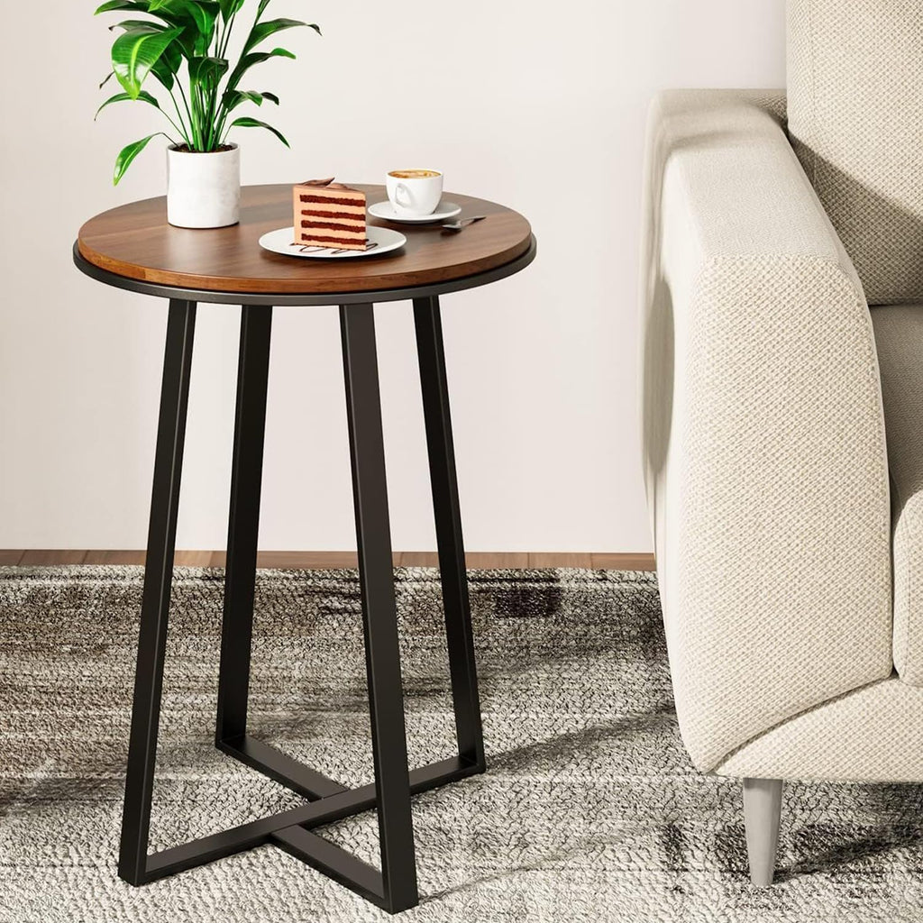 Walnut Top Black Metal Round Side Table