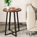 Walnut Top Black Metal Round Side Table