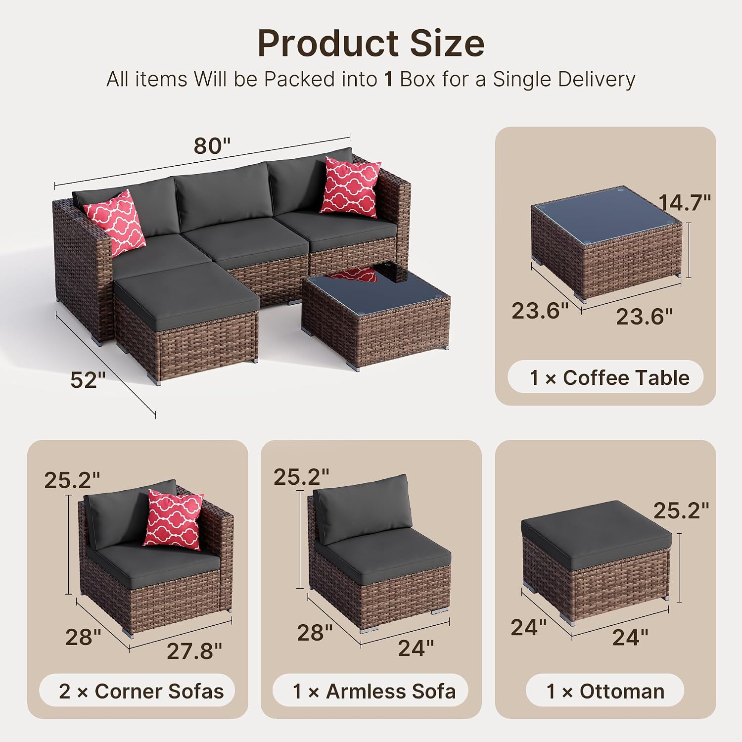 Black PE Wicker 5-Piece Patio Sofa Set