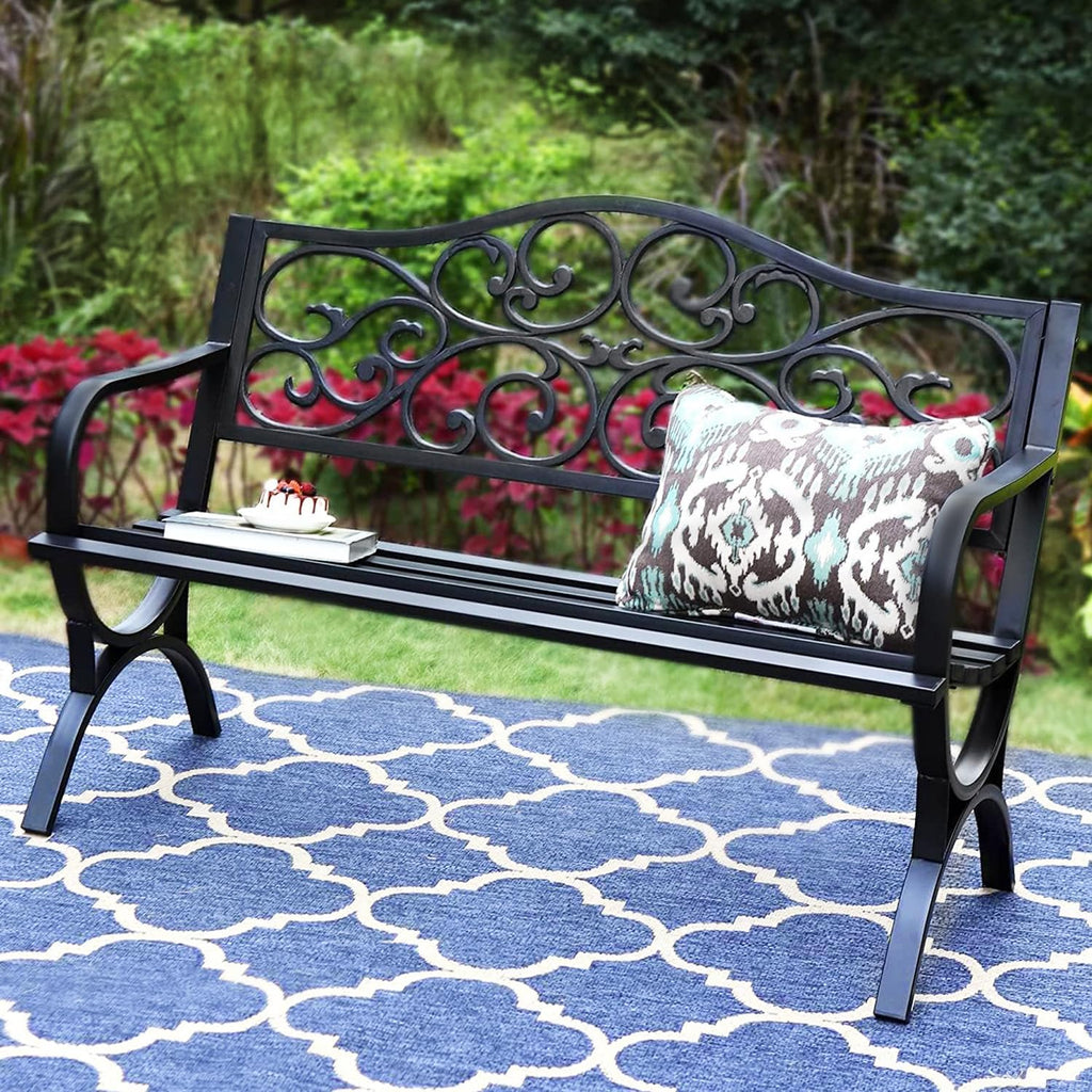 PHI VILLA Floral Cast Iron Garden Bench