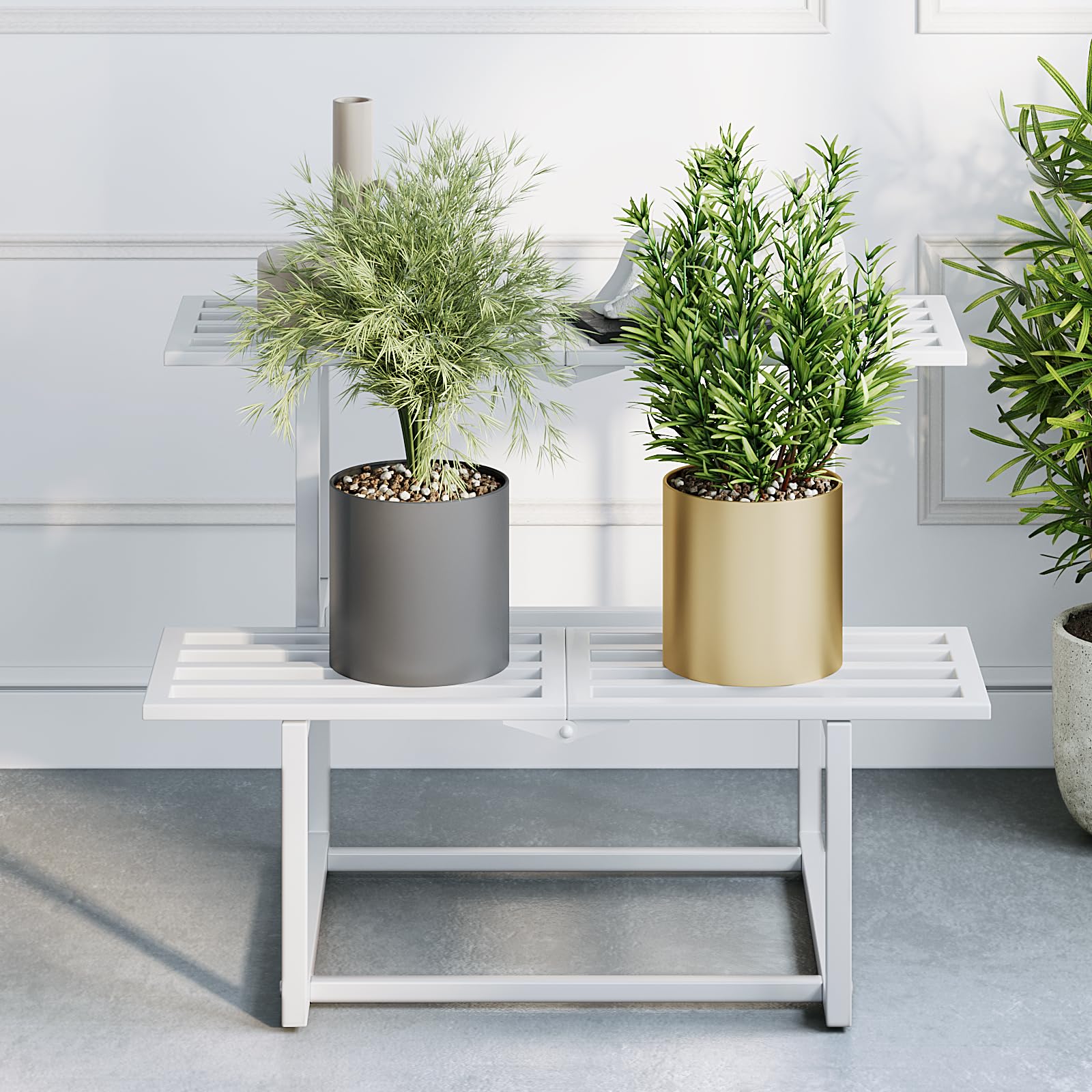 Plant Stand Indoor Outdoor, Foldable Metal Plant Shelf for Multiple Pots, Mid Century Slatted Bench for Patio Garden, Heavy Duty Capacity 330 lbs 2 Pack Coffee