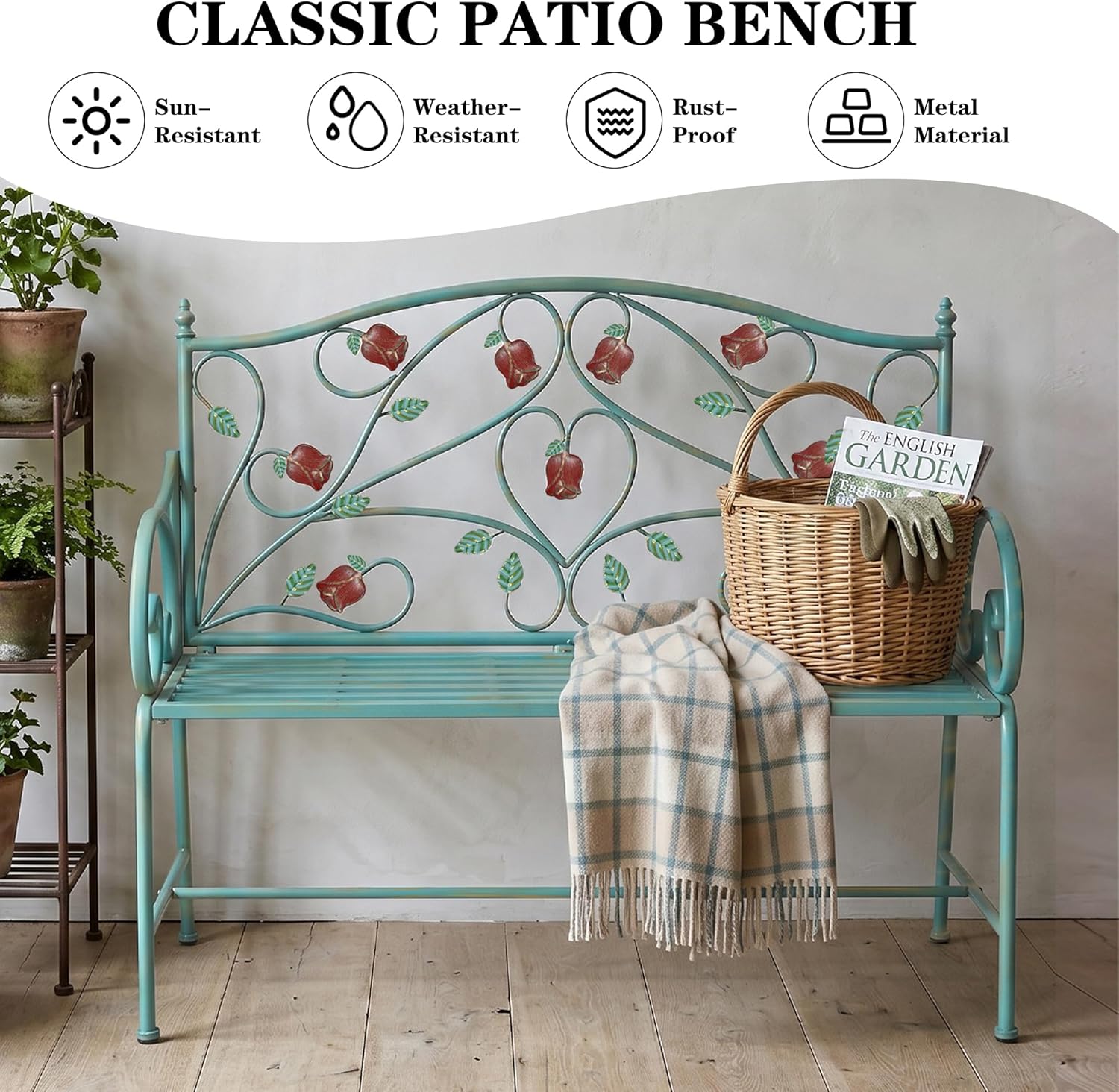 DIBRATY Rose Pattern 2-Seater Metal Bench