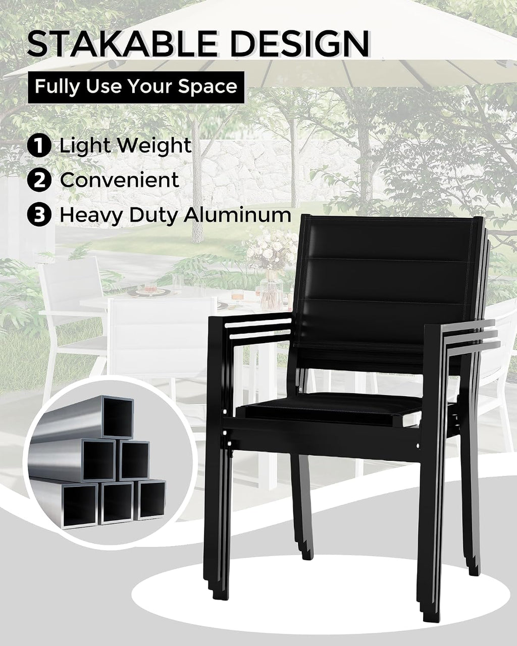 Aluminum Stackable Patio Dining Chairs Set of 4, Stacking Outdoor Dining Chairs for All Weather with Textilene Farbic for Outdoor,Patio,Deck,Backyard, Black