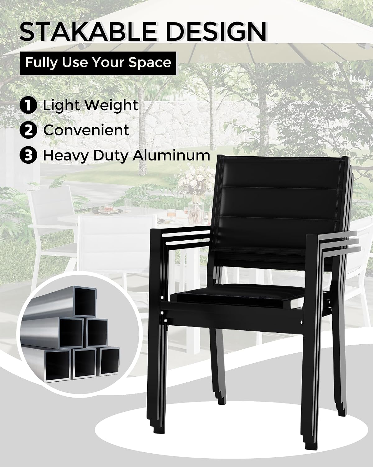 Aluminum Stackable Patio Dining Chairs Set of 4, Stacking Outdoor Dining Chairs for All Weather with Textilene Farbic for Outdoor,Patio,Deck,Backyard, Black