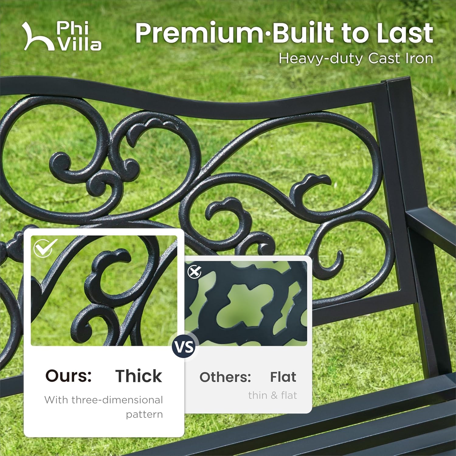 PHI VILLA Floral Cast Iron Garden Bench