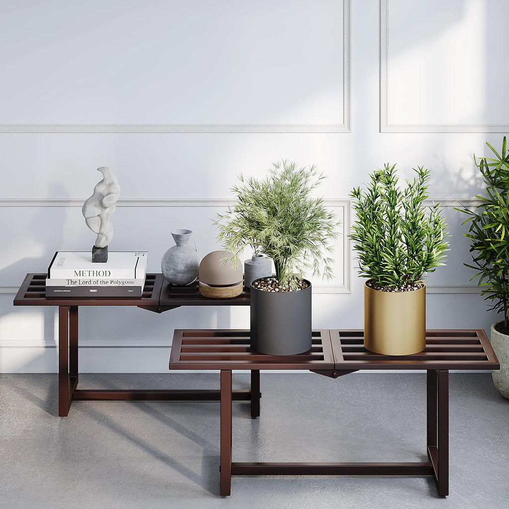 Plant Stand Indoor Outdoor, Foldable Metal Plant Shelf for Multiple Pots, Mid Century Slatted Bench for Patio Garden, Heavy Duty Capacity 330 lbs 2 Pack Coffee