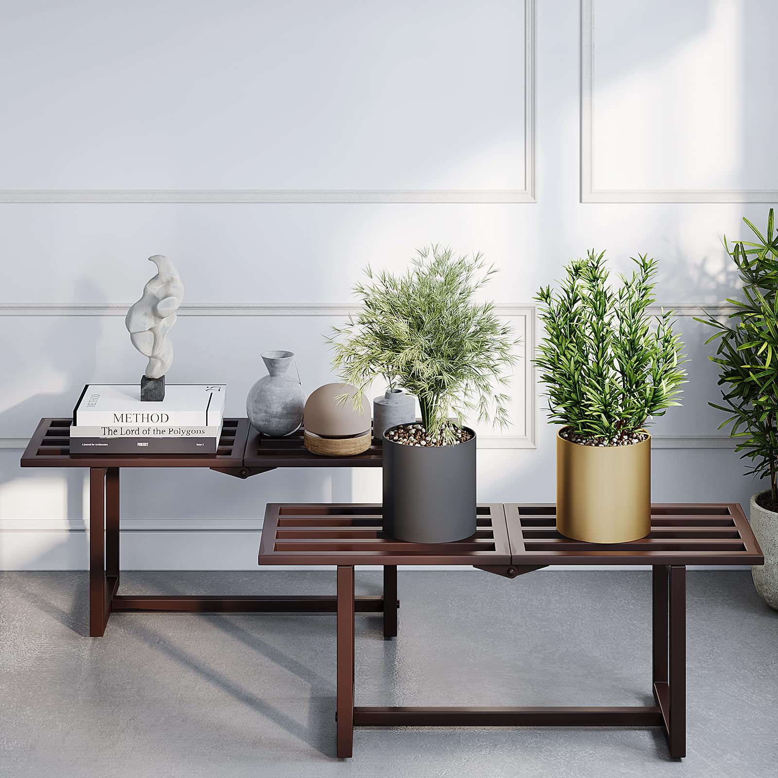 Plant Stand Indoor Outdoor, Foldable Metal Plant Shelf for Multiple Pots, Mid Century Slatted Bench for Patio Garden, Heavy Duty Capacity 330 lbs 2 Pack Coffee