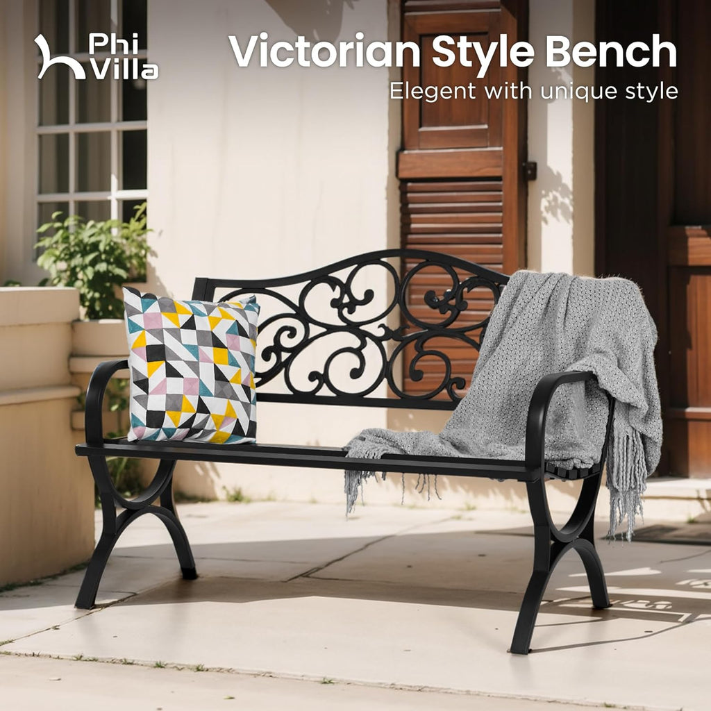 PHI VILLA Floral Cast Iron Garden Bench
