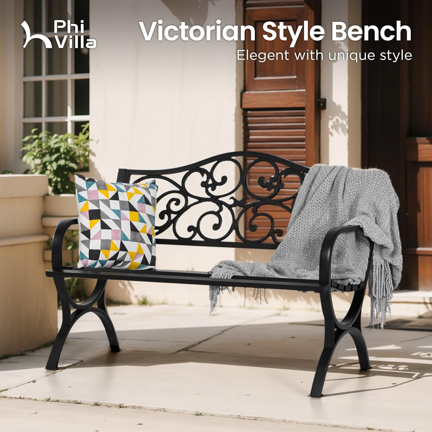 PHI VILLA Floral Cast Iron Garden Bench