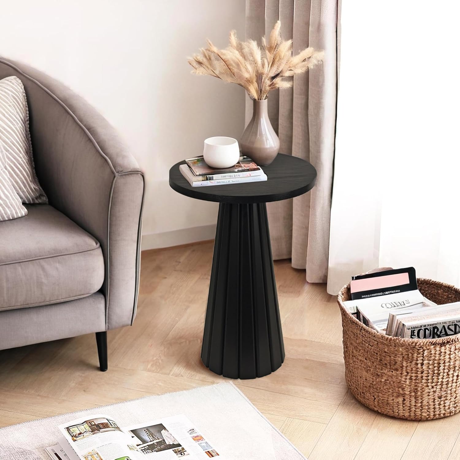 Black Fluted Drum Pedestal Side Table