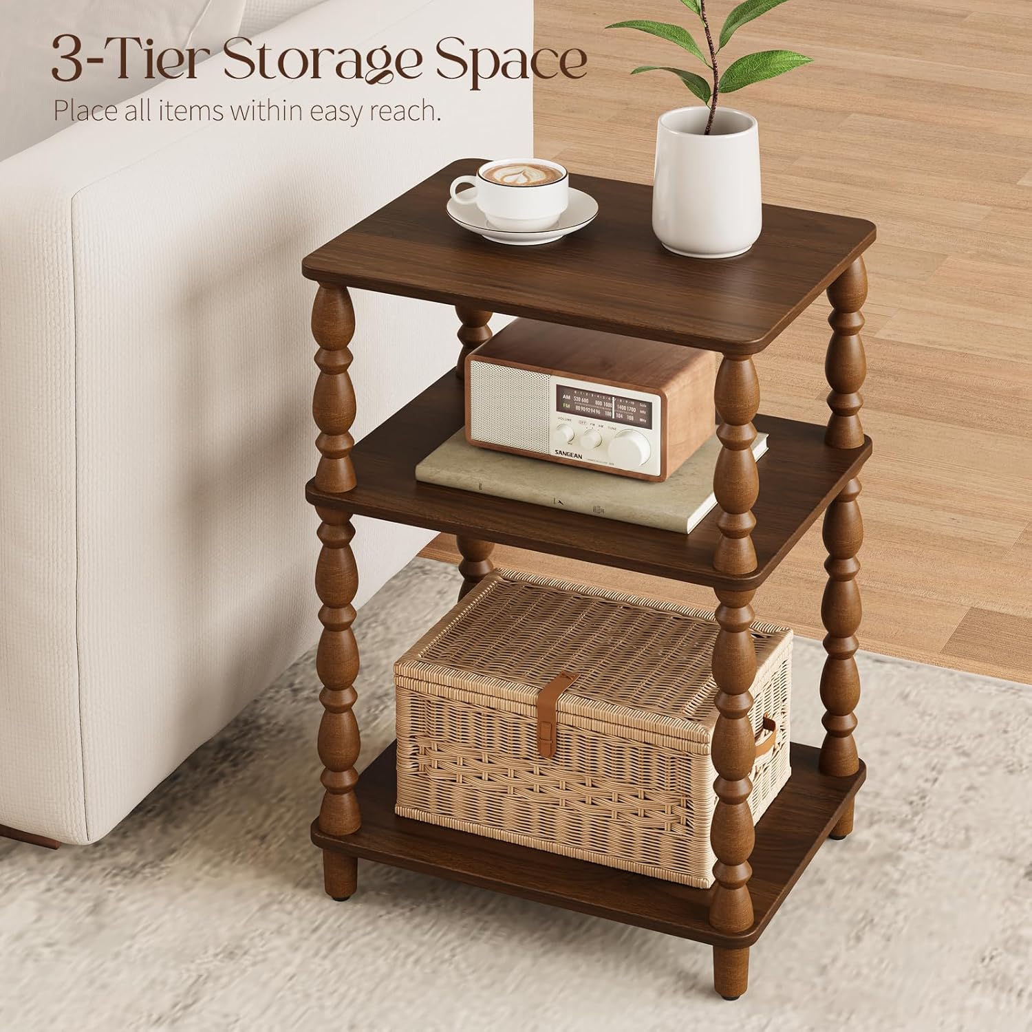 Yoobure Small Side Table - Vintage End Tables Living Room with Spindle Legs, Accent Night Stand with 3-Tier Storage Shelf, Wood Nightstand for Bedroom, Bedside Table for Narrow Spaces, Walnut