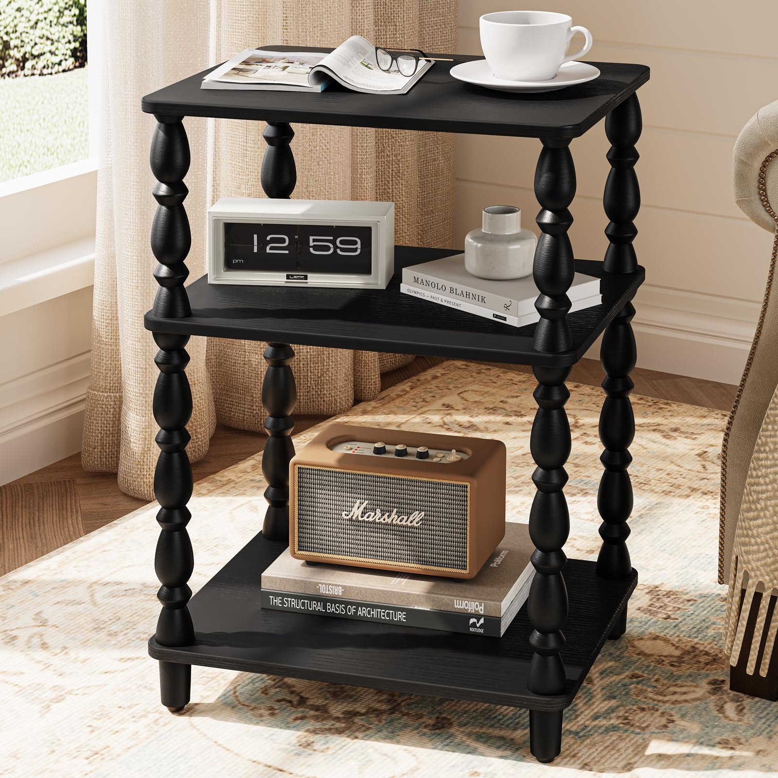 Yoobure Small Side Table - Vintage End Tables Living Room with Spindle Legs, Accent Night Stand with 3-Tier Storage Shelf, Wood Nightstand for Bedroom, Bedside Table for Narrow Spaces, Walnut
