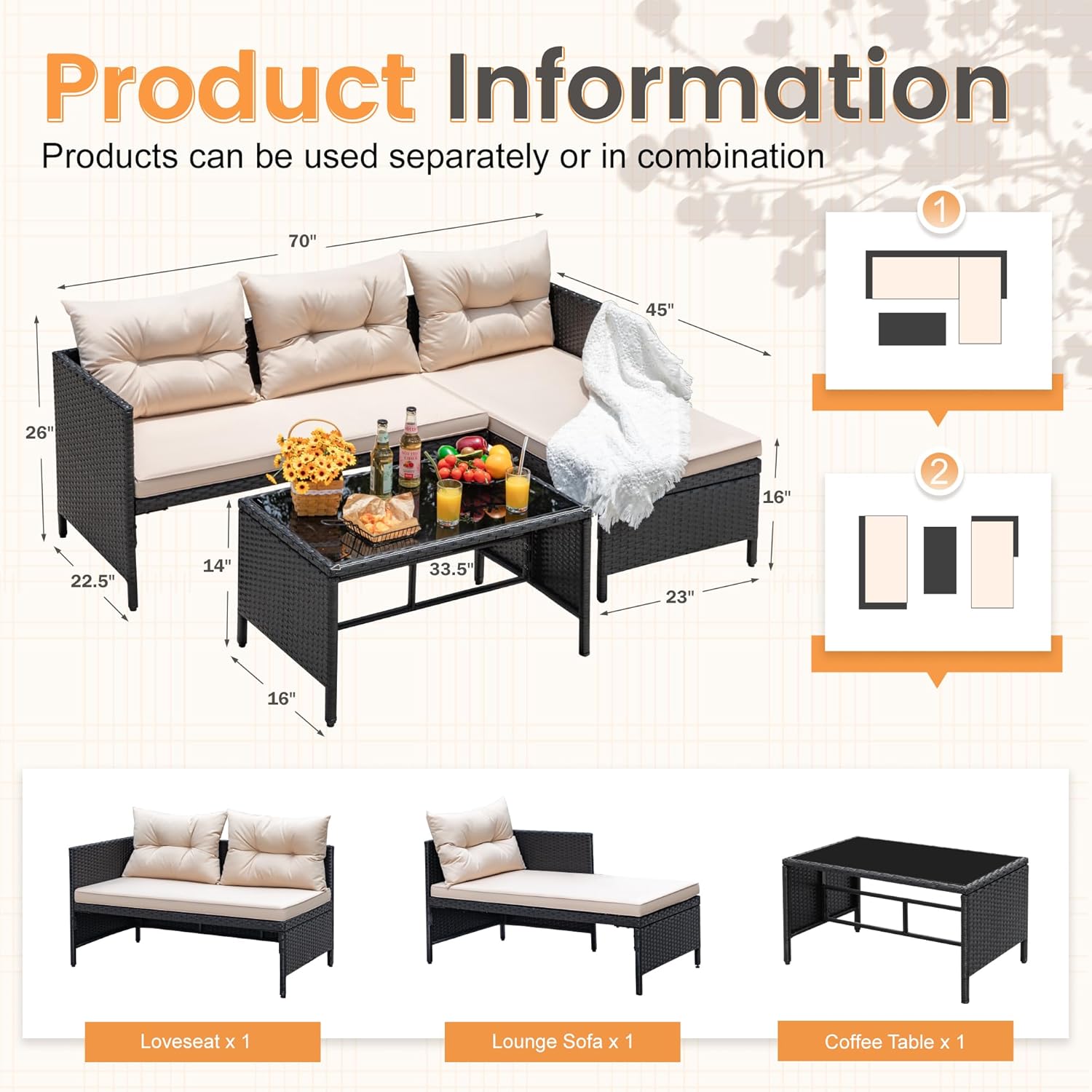 Devoko 3-Piece Rattan L Shaped Sofa