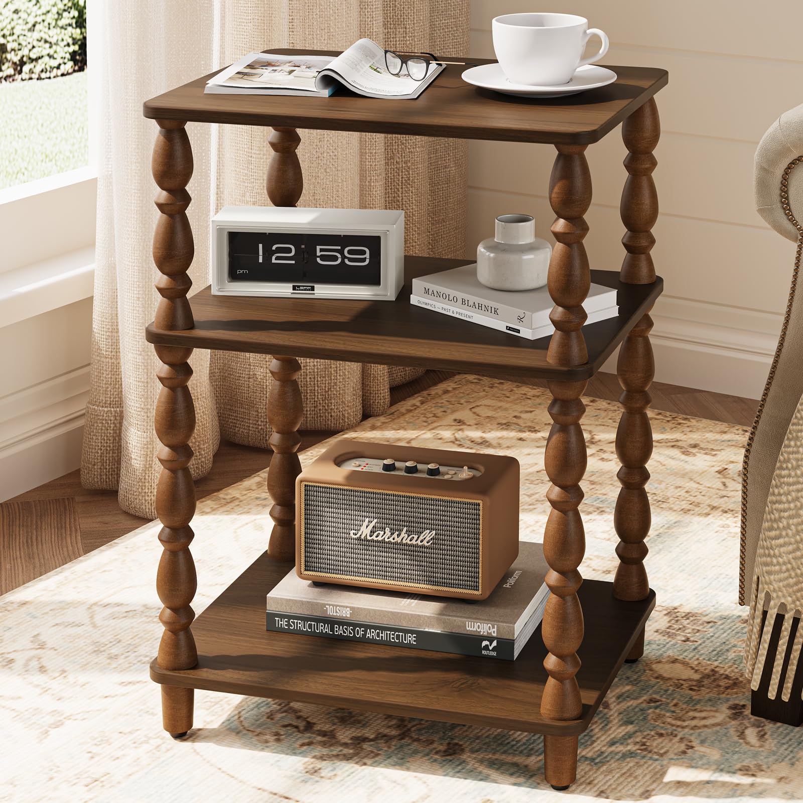 Yoobure Small Side Table - Vintage End Tables Living Room with Spindle Legs, Accent Night Stand with 3-Tier Storage Shelf, Wood Nightstand for Bedroom, Bedside Table for Narrow Spaces, Walnut