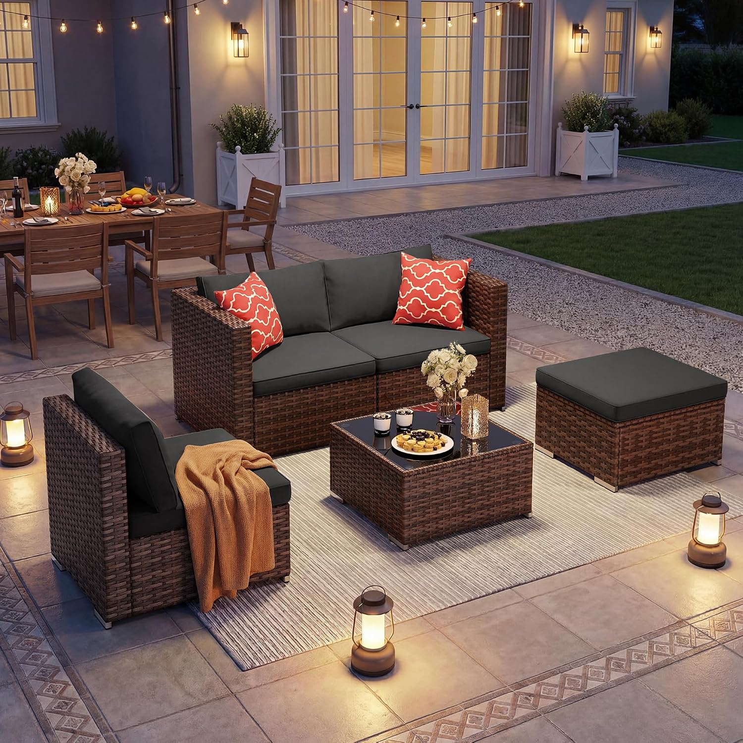 Black PE Wicker 5-Piece Patio Sofa Set
