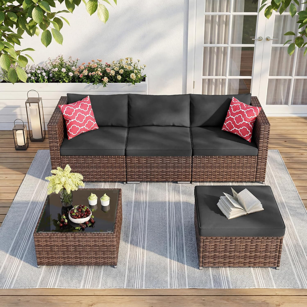 Black PE Wicker 5-Piece Patio Sofa Set